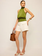 Satin Halter Neck Top with Smocked Waist