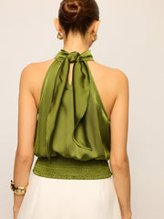 Satin Halter Neck Top with Smocked Waist