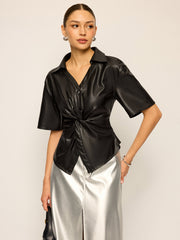 PU Leather Short Sleeve Twisted Blouse