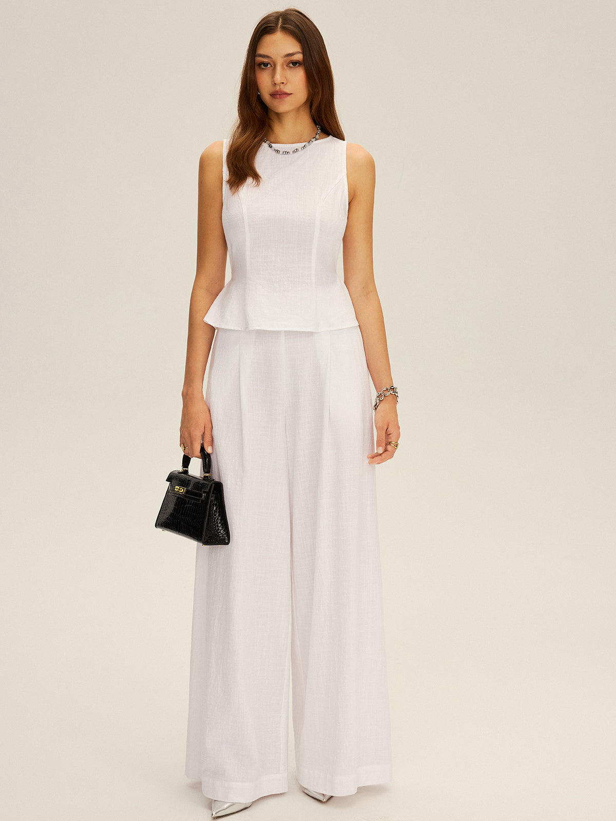 Cotton Peplum Top and Wide-Leg Pants Set