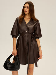 Faux Leather V-Neck Belted Mini Dress
