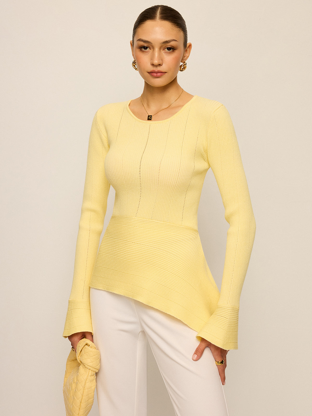 Asymmetric Hem Flare Sleeve Eyelet Sweater