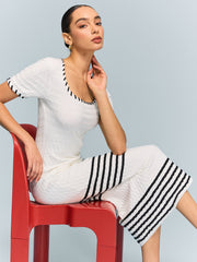Textured Knit Midi Dress with Striped Hem