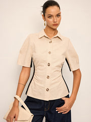 Cotton & Linen Contrast Trim Ruched Shirt