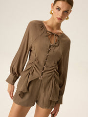 Ruched V-Neck Textured Shorts Set