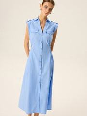 Linen & Cotton V-Neck Midi Dress with Metal Button
