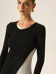 2 in 1 Color-Block Asymmetric Ribbed Knit Top