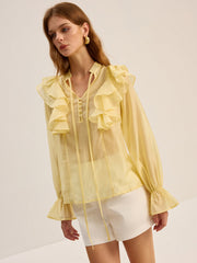 Semi-Sheer Tencel Ruffle Tie Neck Blouse