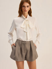 Satin Bow-Tie Neck Long-Sleeve Shirt