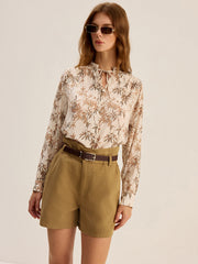 Leaf Printed Tie-Neck Rayon Shirt