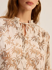 Leaf Printed Tie-Neck Rayon Shirt