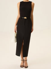 Belted Pocket Slit Midi Skirt