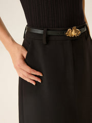 Belted Pocket Slit Midi Skirt