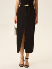 Belted Pocket Slit Midi Skirt