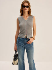 Ribbed V-Neck Button-Front Knit Vest