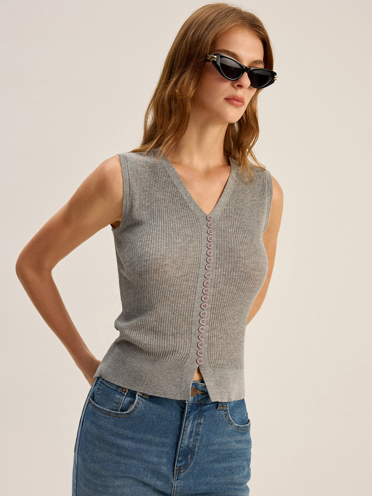 Ribbed V-Neck Button-Front Knit Vest