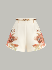 Belted Tropical Print Mid-Waist Shorts