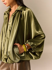 Satin Pleated Lantern-Sleeve Shirt Jacket