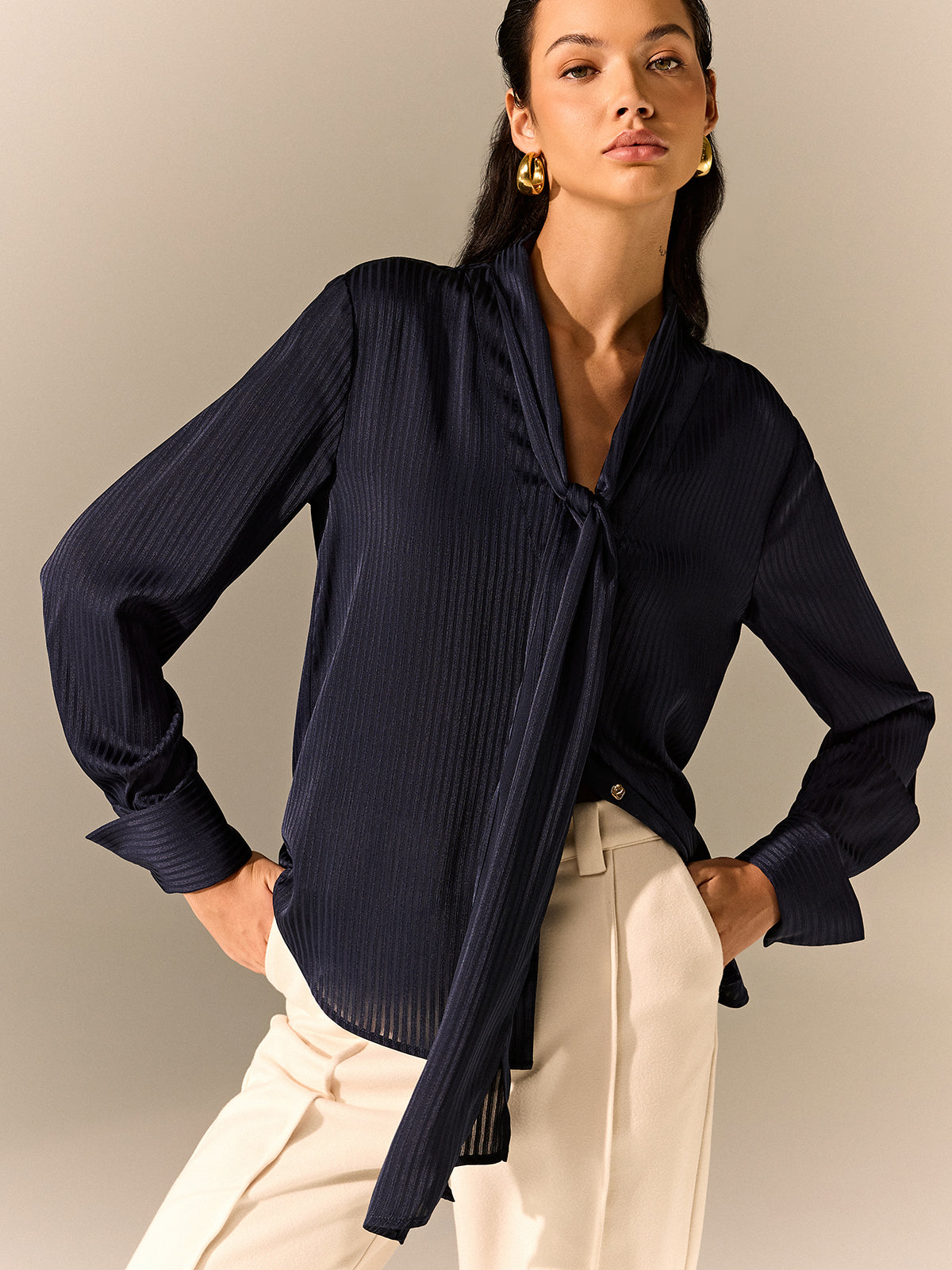 Tie-Neck Long-Sleeve Satin Blouse