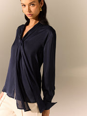 Tie-Neck Long-Sleeve Satin Blouse