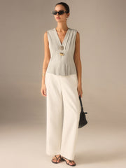 Pleated V-Neck Top with Metal Detail