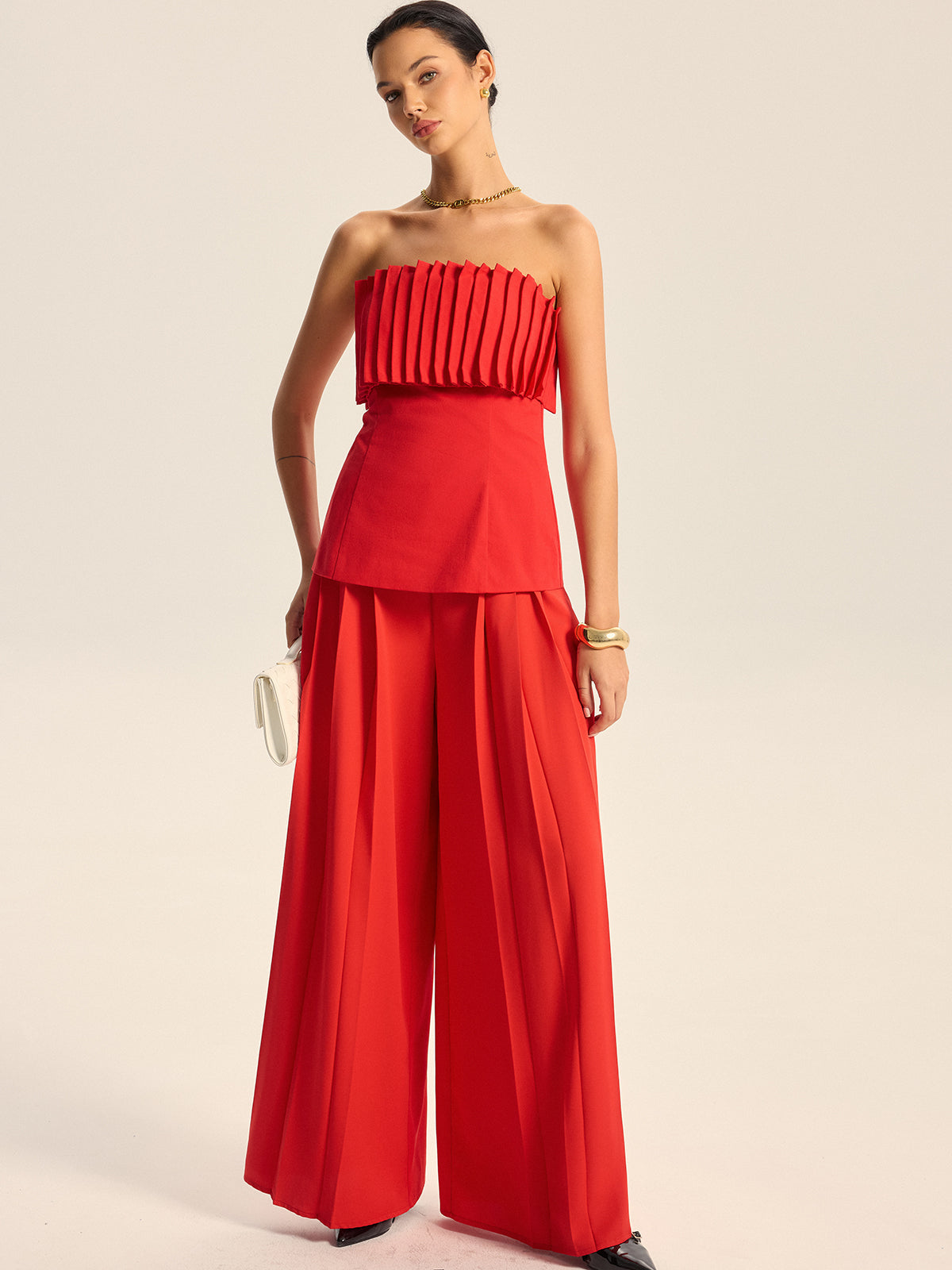 Mid-Waist Pleated Wide-Leg Pants