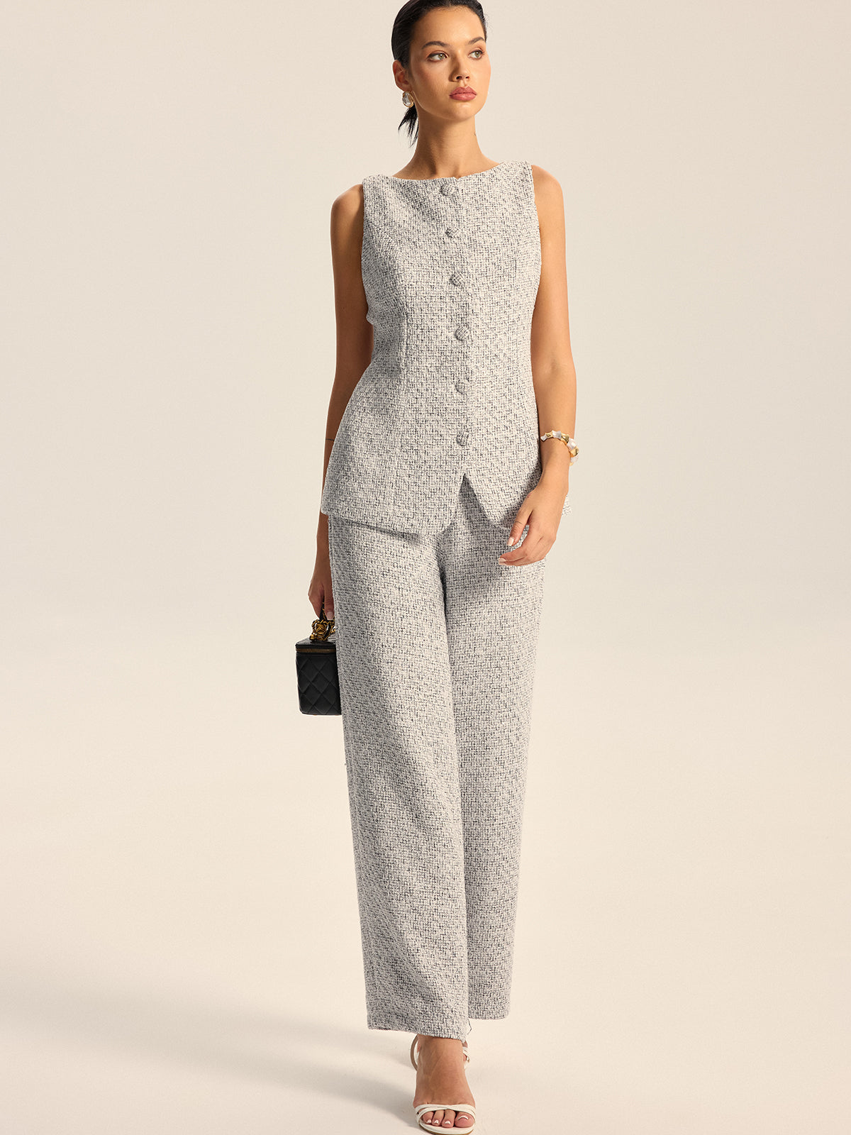Textured Tweed Wide-Leg Pants