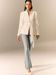 Stand Collar Belted Long Sleeve Blazer