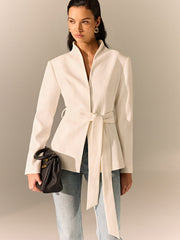 Stand Collar Belted Long Sleeve Blazer