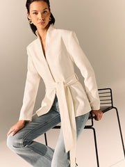 Stand Collar Belted Long Sleeve Blazer