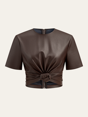 Back Zipper PU Leather Twist T-Shirt