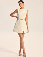 Tweed Slit Mini Dress with Detachable Belt