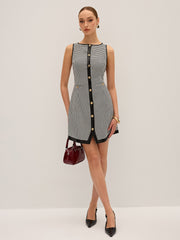 Houndstooth PU Leather Trim Mini Dress