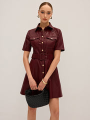 Shirt Collar Belted PU Leather Mini Dress