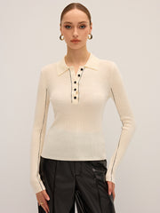 Wool Blend Ribbed Polo Knit Top