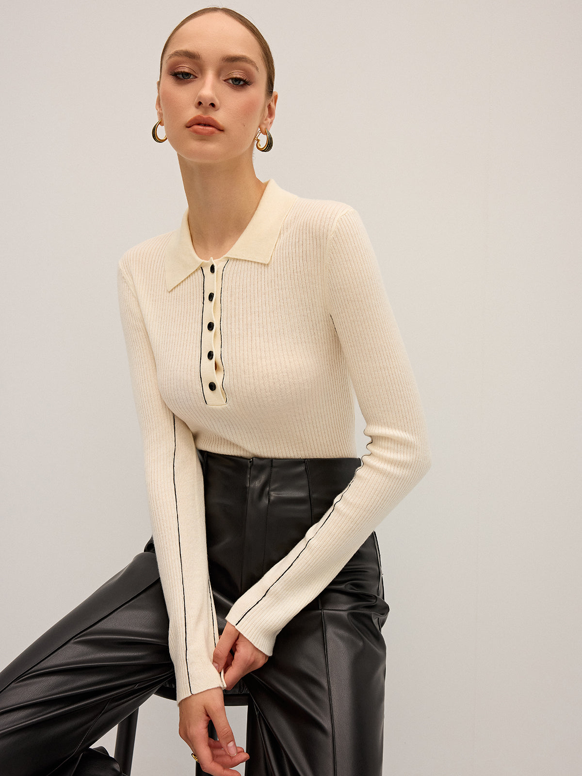 Wool Blend Ribbed Polo Knit Top