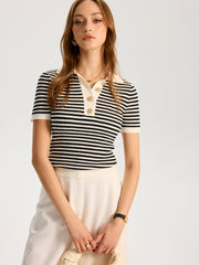 Metal Button Striped Knit Polo Top