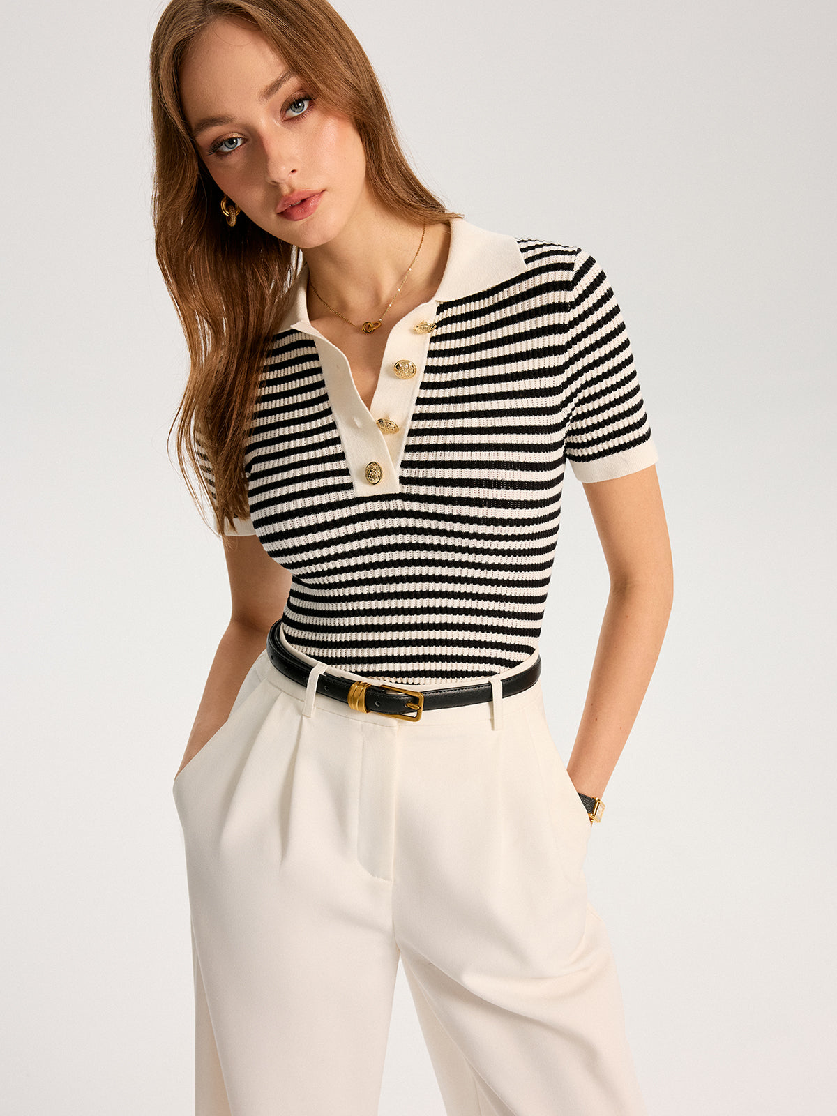 Metal Button Striped Knit Polo Top