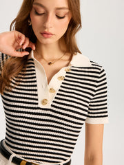 Metal Button Striped Knit Polo Top