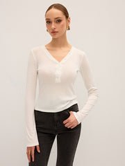 Long Sleeve V-Neck Button T-Shirt