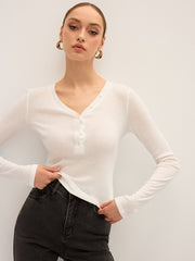 Long Sleeve V-Neck Button T-Shirt
