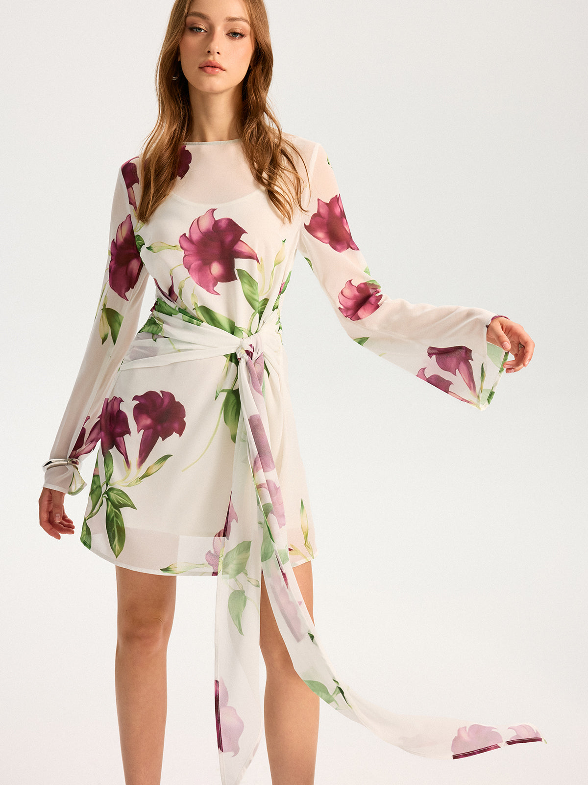 Semi-Sheer Floral Print Chiffon Mini Dress