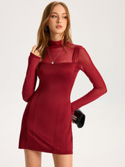 Sheer Mesh Panel Mock Neck Mini Dress