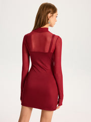 Sheer Mesh Panel Mock Neck Mini Dress