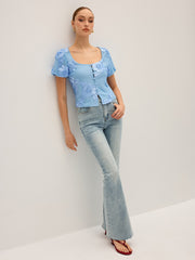 Floral Embroidered Square Neck Mesh Top