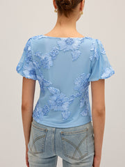 Floral Embroidered Square Neck Mesh Top