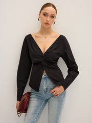Twisted Front Deep V-Neck Shirt