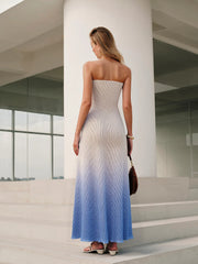 Floral Print Gradient Strapless Pleated Maxi Dress