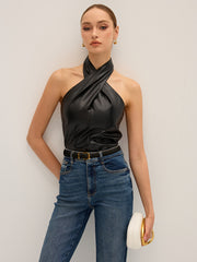 PU Leather Cross Halter Neck Top