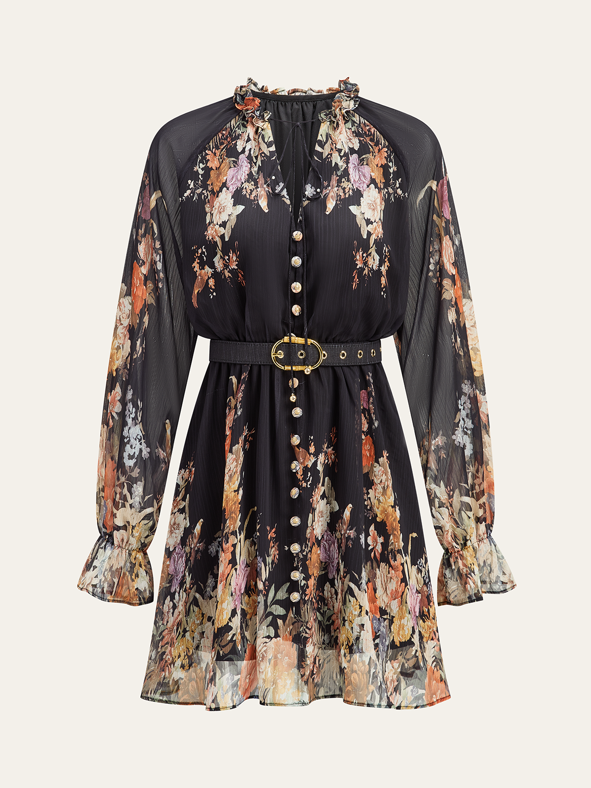 Semi-Sheer Chiffon Floral Print Belted Dress